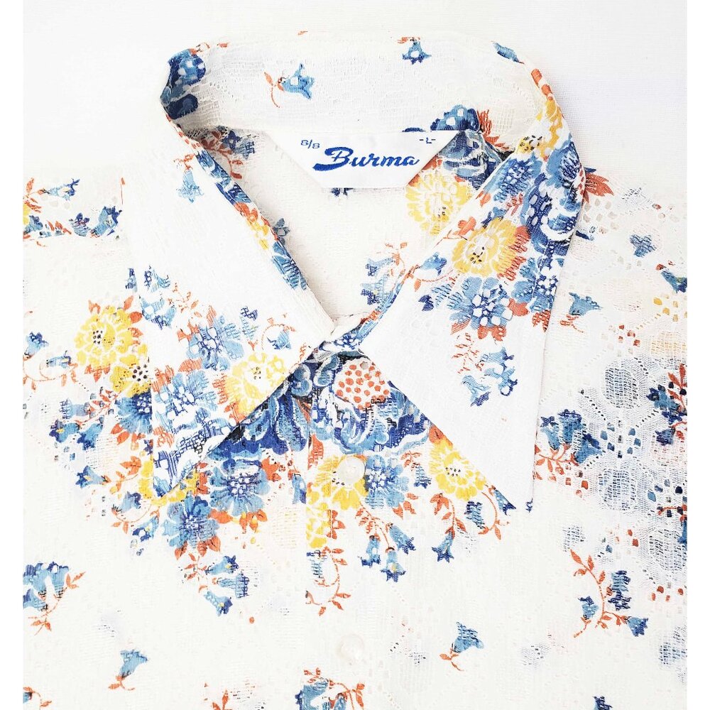 Bud Burma 1970s Vintage Mens Lace Semi Sheer Floral Print Button Down Shirt L